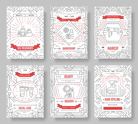 Thin line beauty salon with assortment vector brochure cards set.  Cosmetology template of flyear, magazines, poster, book cover, banners. Outline equipment invitation concept.のイラスト素材