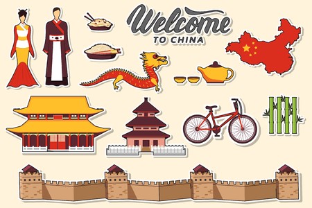 Country China travel vacation guide of goods, places and features. Set of architecture, fashion, people, items, nature background concept. Infographic template design for web and mobile on flat style.のイラスト素材