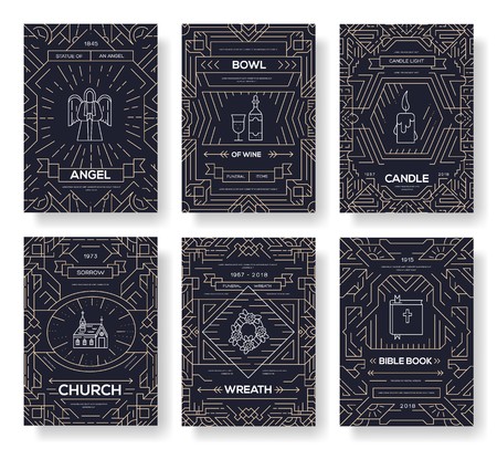 Thin lines collection icons set dedicated to funeral, death, and cemetery. Vector outline ritual attributes for life of people backgroundのイラスト素材