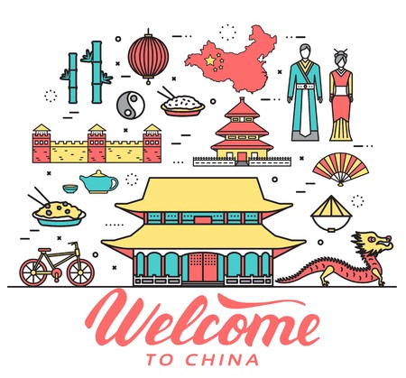 Country China travel vacation guide of goods, places in thin lines style design. Set of architecture, fashion, people, nature background concept. Infographic template for web and mobile on vector flatのイラスト素材