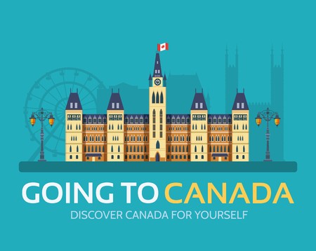 Country Canada travel vacation of place and feature. Set of architecture, item, nature background concept. Infographic traditional ethnic flat, outline, thin line iconのイラスト素材