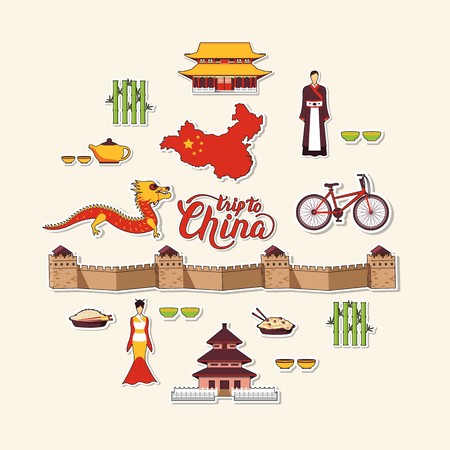 Country China travel vacation guide of goods, places and features. Set of architecture, fashion, people, items, nature background concept. Infographic template design for web and mobile on flat styleのイラスト素材
