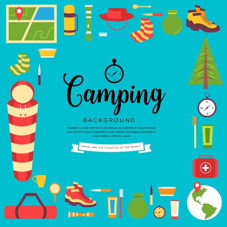 Camping equipment set circle infographics template concept. Icons for your product or design, web and mobile applications. Vector flat with long shadow illustrationのイラスト素材