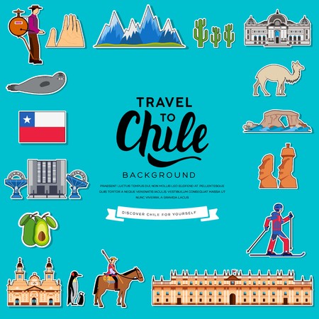 Country Chile travel vacation guide of goods, places and features. Set of architecture, fashion, people, items, nature background concept. Infographic template design for web and mobile on flat styleのイラスト素材