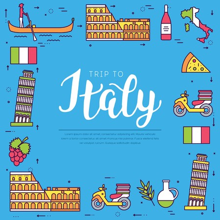 Country Italy travel vacation guide of goods, place and feature. Set of architecture, fashion, people, item, nature background concept. Infographic traditional ethnic flat, outline, thin line iconのイラスト素材