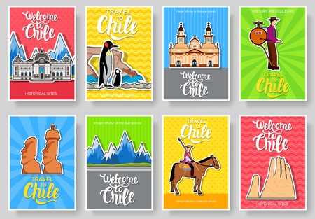 Chile vector brochure cards thin line set. Country travel template of flyear, magazines, posters, book cover, banners. Layout culture monument outline illustrations modern pagesのイラスト素材