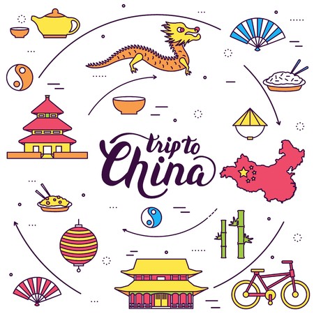 Country China travel vacation guide of goods, places and features. Set of architecture, fashion, people, items, nature background concept. Infographic template design for web and mobile on flat styleのイラスト素材