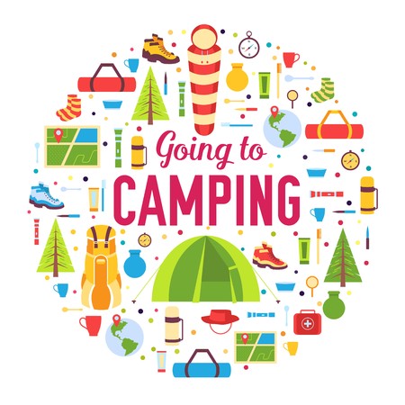 Camping equipment set circle infographics template concept. Icons for your product or design, web and mobile applications. Vector flat with long shadow illustrationのイラスト素材