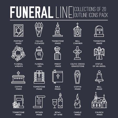 Thin lines collection icons set dedicated to funeral, death, and cemetery. Vector outline ritual attributes for life of people background.のイラスト素材