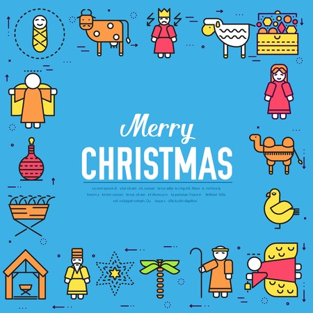 Merry Christmas thin line icons flat set background. Outline birth of Christ illustration background concept.のイラスト素材