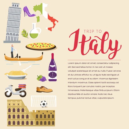 Country Italy travel vacation guide of goods, places and features. Set of architecture, fashion, people, items, nature background concept. Infographic template design for web and mobile on flat styleのイラスト素材