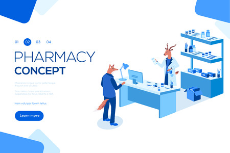 Flat isometric isolated on white background. Doctor pharmacist and patient in drugstore. Can use for web banner, infographics, header vector illustrationのイラスト素材