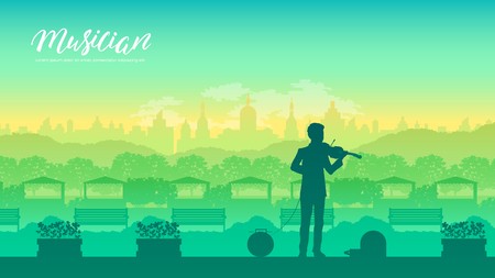 Street artist playing Violin in hystoric center of Florence, Italy. Street musician playing violin landscape on nature illustrationのイラスト素材
