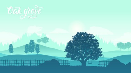 One Tree Hill reminds of signing the Treaty of Waitangi. A lonely tree on a green hill during sunset. A beautiful sunset among the tuscany hills. grassy hill and blue sky with clouds in the backgroundのイラスト素材