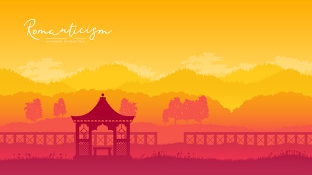 Outdoor gazebo in nature landscape vector brochure card. Romantic place on sunrise template land page wallapapers design . lifestyle invitation concept. Layout modern designのイラスト素材