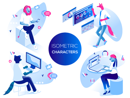People work and interacting with graphs, icons and devices. Data analysis and office situations. 3D Isometric vector illustration set. Mobile application and website header images on white background.のイラスト素材