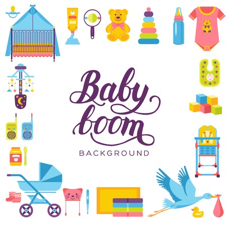 World breastfeeding week and kids elements flat icon set concept. Child illustrations design.のイラスト素材