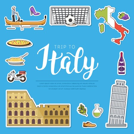 Country Italy travel vacation guide of goods, places and features. Set of architecture, fashion, people, items, nature background concept. Infographic template design sticker flat styleのイラスト素材