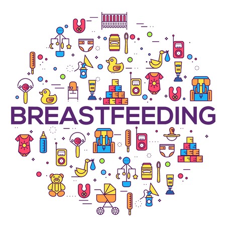 World thin line breastfeeding week and kids elements flat icon set concept. Child outline illustrations design.のイラスト素材