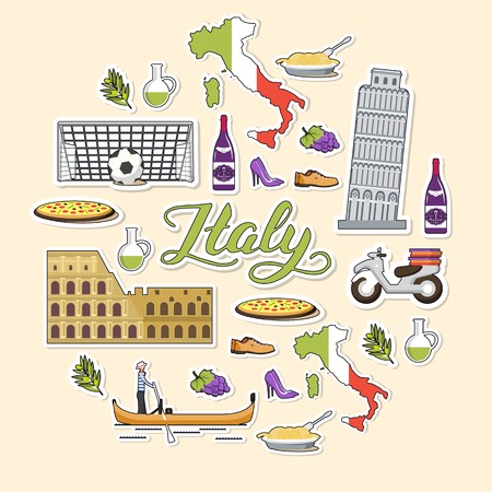 Country Italy travel vacation guide of goods, places and features. Set of architecture, fashion, people, items, nature background concept. Circle template design sticker flat styleのイラスト素材
