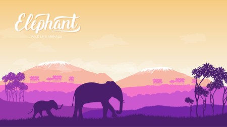 Elephant with children is in the environment illustration. Wild animal against the background of nature africa concept. Wild animal in the savannah.のイラスト素材