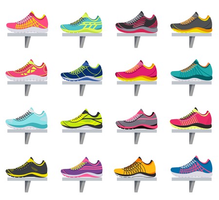 big flat illustration collection set of sneakers running, walking, shopping, style backgrounds. Vector concept elements icons. Colorful template for you design, poster, web and mobile applications.のイラスト素材