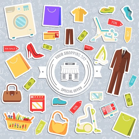 best shopping illustration concept. Template of icons seamless patern design. Many object purchased in the store. In flat sticker style.のイラスト素材