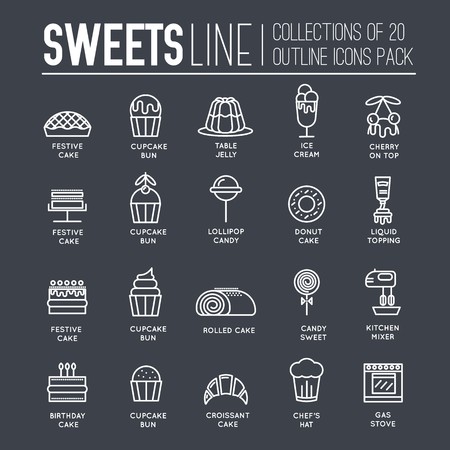 Cake stand in shop thin line illustration. outline sweet for party background. Food icon set on happy birthday or wedding. Vector collection object.のイラスト素材