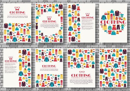 Clothes vector brochure cards set. Print art template of flyer, magazines, posters, book cover, banners. Colorful design invitation concept background. Layout shop illustrations modern .のイラスト素材