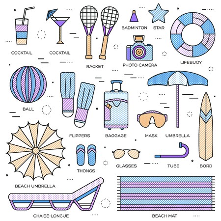 Summer travel infographic icons items banners design. Vacation rest with any elements set. Tour, trip, journey outline illustrations vector background. Tourist image on thin line style concept.のイラスト素材