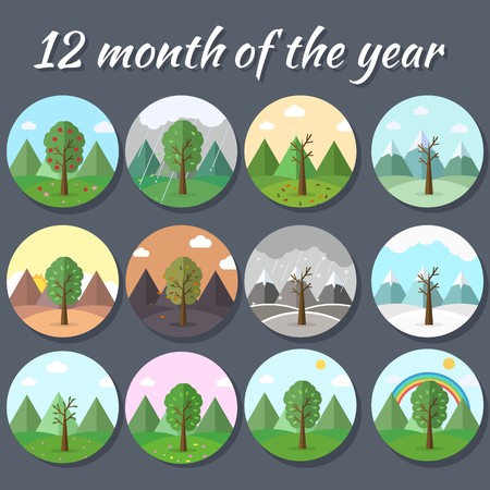 12 Months of the Year. Weather year information set. Seasons banners. Infographic concept background. Layout illustrations template pages with typography text.のイラスト素材