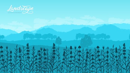 Beautiful flowers on the mountainside vector. Summer nature Template land page wallapapers design concept. Flora on hill invitation concept. Layout modern designのイラスト素材