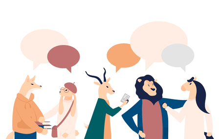 businessmen discuss social network vector illustration. News, social networks, chat, dialogue speech bubbles on flat styleのイラスト素材