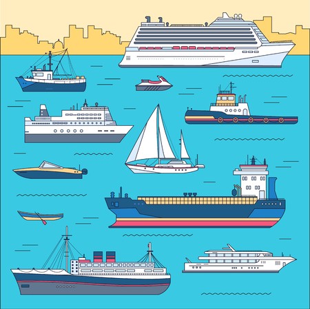 Set of thin line ship flat yacht, scooter, cargo, steamship, ferry, fishing boat, tug, bulk carrier, vessel, pleasure, cruise with sea background concept. Vector outline illustration.のイラスト素材