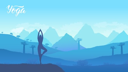 Yoga exercise on the top of the mountains surrounded by nature. Healthy lifestyle for beautiful girls. Sport land page wallapapers design conceptのイラスト素材