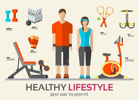 Sport life stile infographic with gym device, equipment and items. Training apparatus on a flat design style. Vector illustration workout concept icons set.のイラスト素材