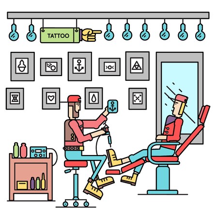 The artist offers the option of a tattoo for client concept. Vector tattoo shop with people background. Flat retro style with typography text design concept illustration.のイラスト素材