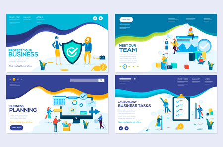 Business school website templates set. Business protection, insurance coaching vector landing page. Time management seminar web banner with copyspace. Teamwork. Cartoon characters with animals headsのイラスト素材