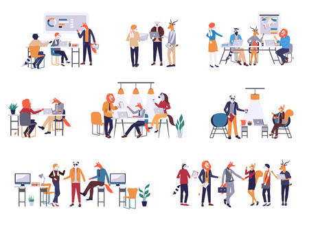 Colorful set in flat cartoon style. Collection of scenes at office vector illustration. Bundle of men and women taking part in business meeting, negotiation, brainstorming, talking to each other.のイラスト素材