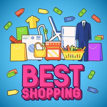 Many object purchased in the shop. Shopping abstract background concept. In flat sticker style icons with label design illustrationのイラスト素材