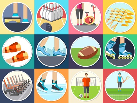 Sport life stile infographic with gym device, equipment and items. Training apparatus on a flat design style. Vector illustration workout concept icons set.のイラスト素材