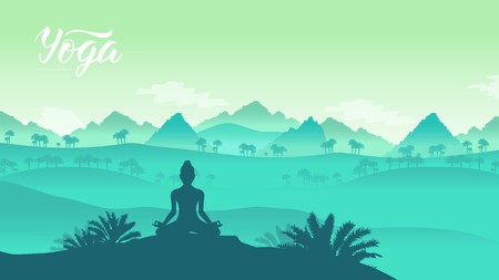 Yoga exercise on the top of the mountains surrounded by nature. Healthy lifestyle for beautiful girls. Sport land page wallapapers design conceptのイラスト素材