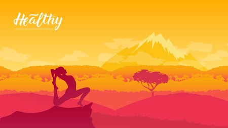 Yoga exercise on the top of the mountains surrounded by nature. Healthy lifestyle for beautiful girls. Sport land page wallapapers design conceptのイラスト素材