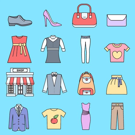 Many object purchased in the shop. Shopping abstract background concept. In flat thin lines outline style icons with shop label design illustration.のイラスト素材