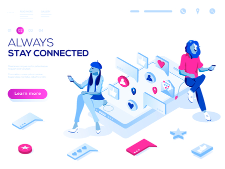 Vector 3d isometric landing page concept. Virtual relationships, online dating and social networking illustration concept. Teenagers chatting on the Internet.のイラスト素材