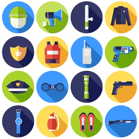 police uniform and set protection icons on isoleted background. Flat style bright concept. Vector illustration for colorful template for you design, web and mobile applications.のイラスト素材