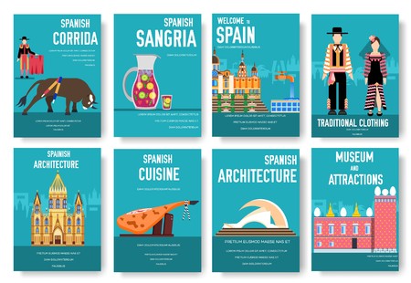 Spain vector brochure cards set. Country template of flyear, magazines, posters, book cover, banners. Travel invitation concept background. Layout architecture illustrations modern page.のイラスト素材