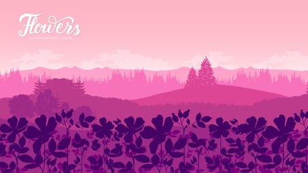 Beautiful flowers on the mountainside vector. Summer nature Template land page wallapapers design concept. Flora on hill invitation concept. Layout modern designのイラスト素材