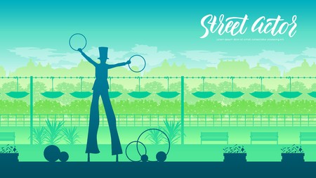 Male Stilt Walker in a Clown Costume Walking Down the Street landscape backgroundのイラスト素材