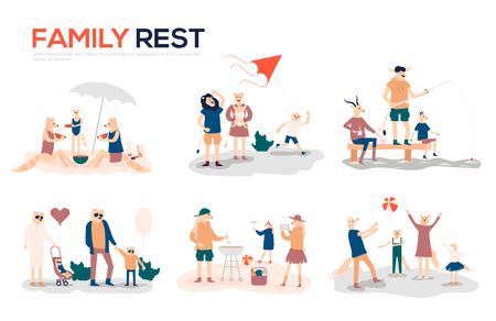 Cartoon mother, father and children sunbathing, walking, swimming, fly a kite, fishing, preparing barbecue together. Collection of family outdoor recreational activities vectorのイラスト素材